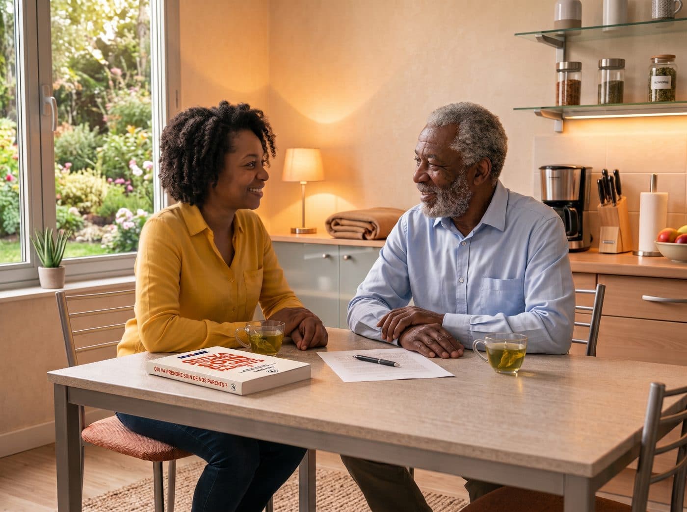 Une femme et son père à la table de la cuisine